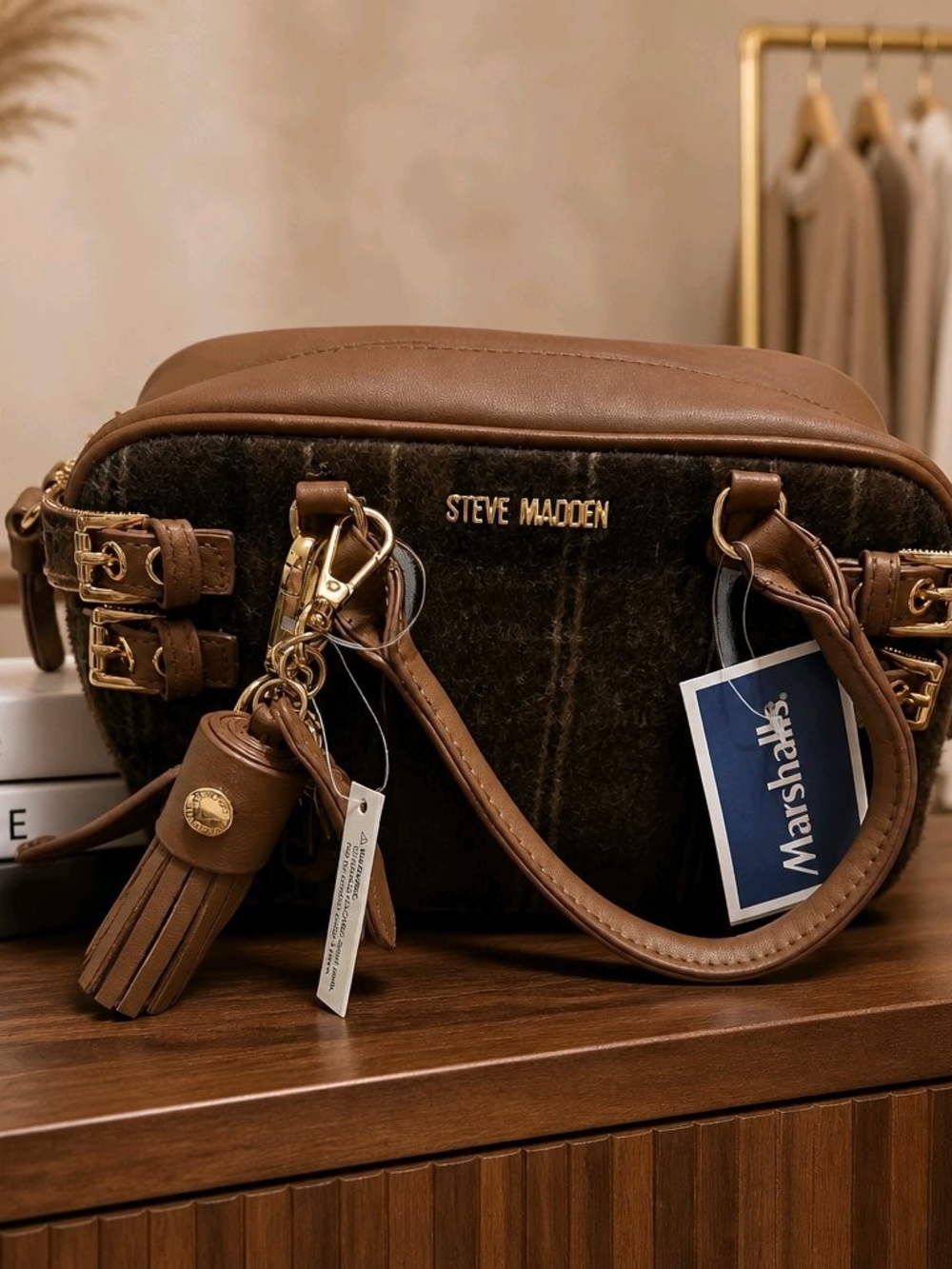 Steve Madden Brown Plaid and Leather Crossbody with Tassel